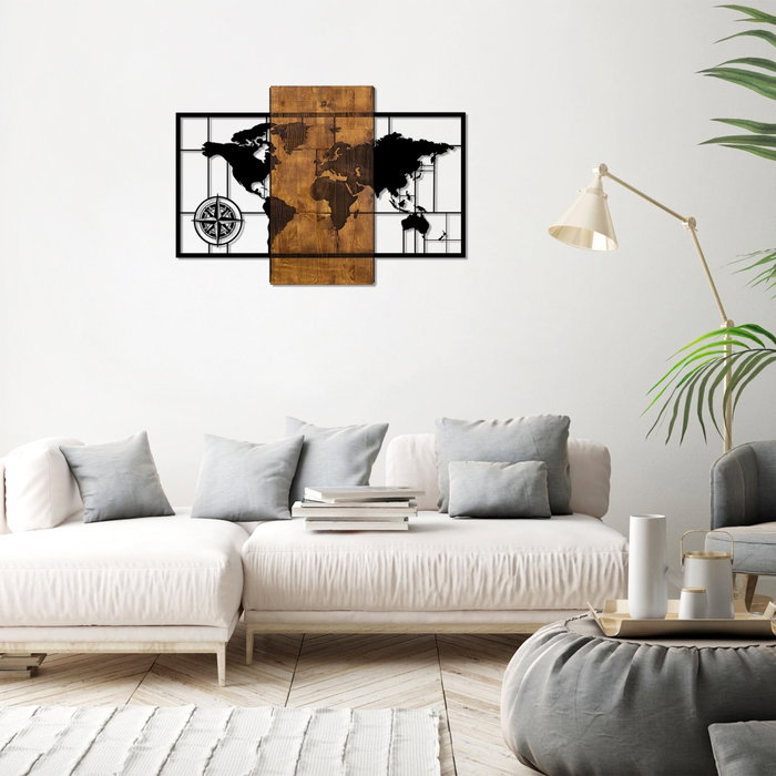Wallity World Map With Compass - Accesorio de Pared Decorativo de Madera